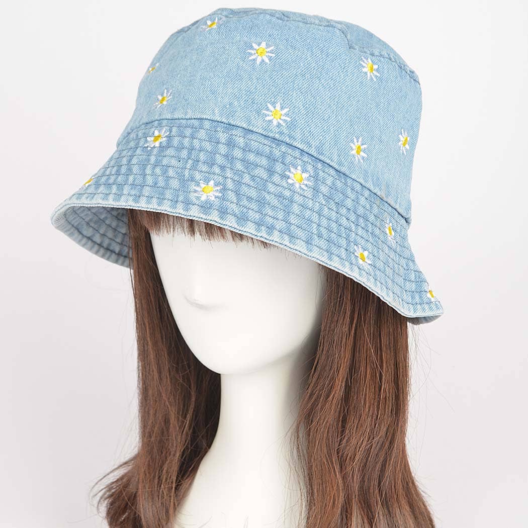 Light Denim Flower Embloidery Bucket Hat: LBL