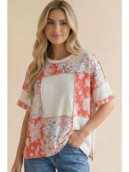 Coral Wildflower Patchwork Top (S-3X)