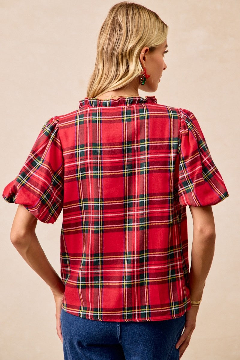 Short Sleeve Christmas Red Plaid Blouse (S-3X)