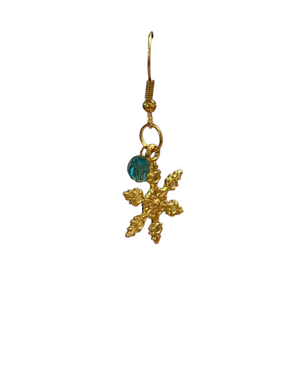 Gold & Teal Blue Snowflake Dangle Earrings