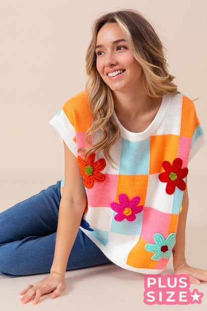 Daisy Patch Colorblock Knit Top (1X-3X)