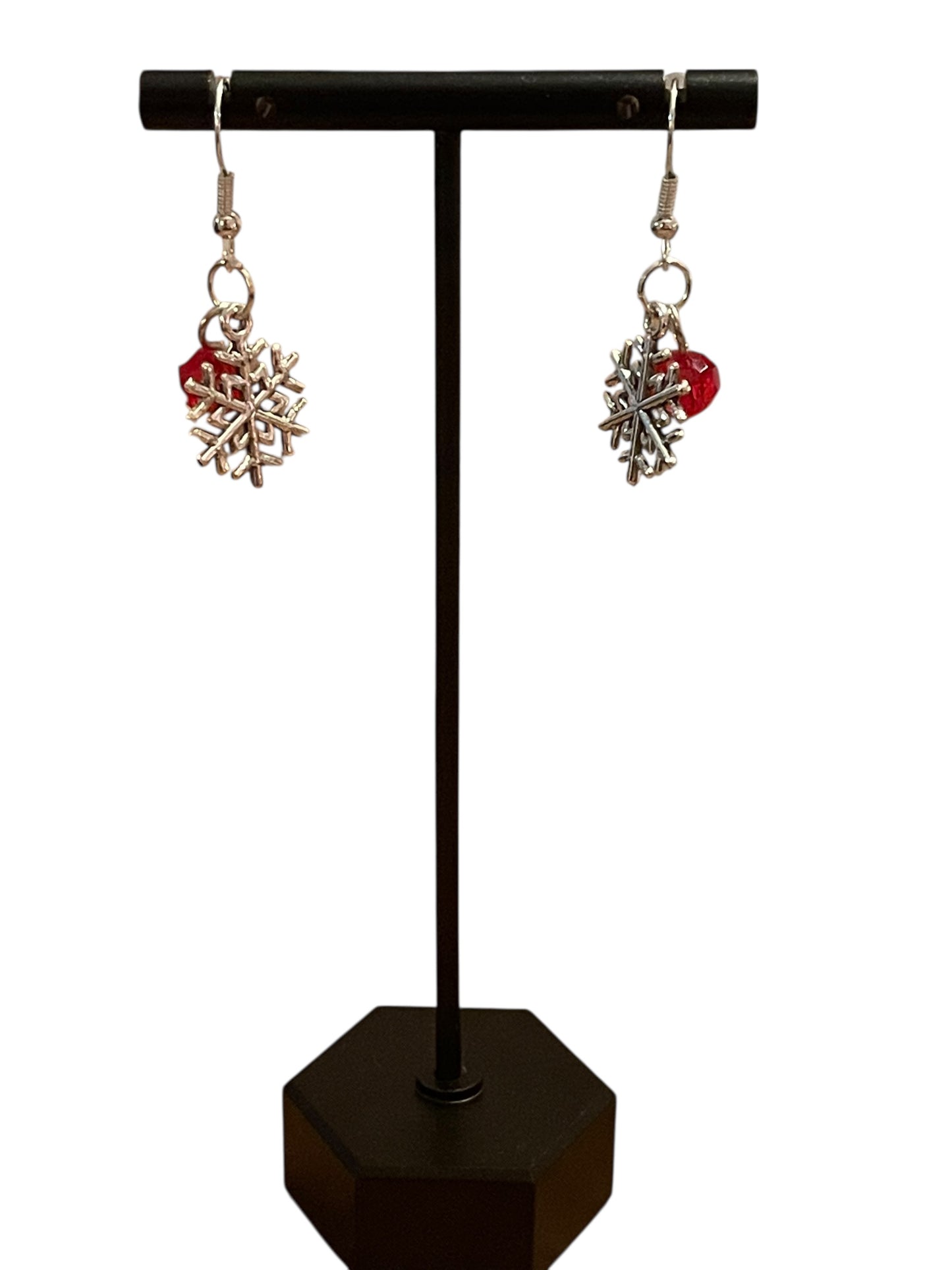 Silver & Red Snowflake Dangle Earrings