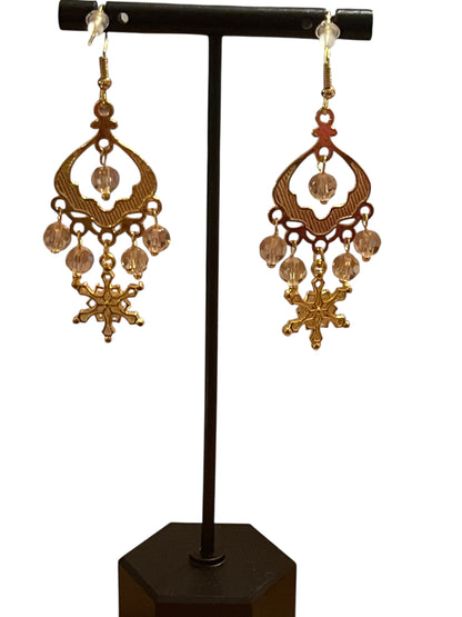 Elegant Pink and Gold Snowflake Earrings