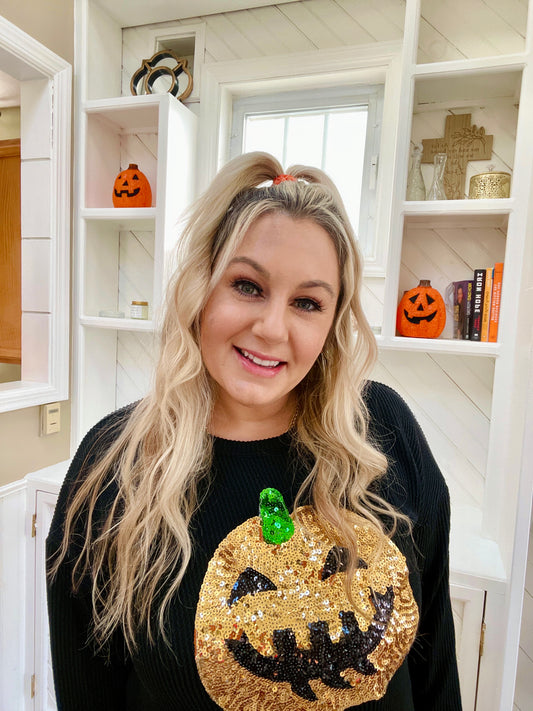 Black and Gold Pumpkin Sequin Shirt (S-3X)