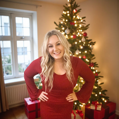 Flare Sleeve Dark Red Holiday Dress (S-XL)