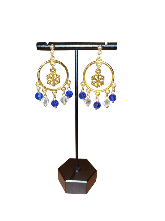 Elegant Gold and Blue Winter Hoop Earrings