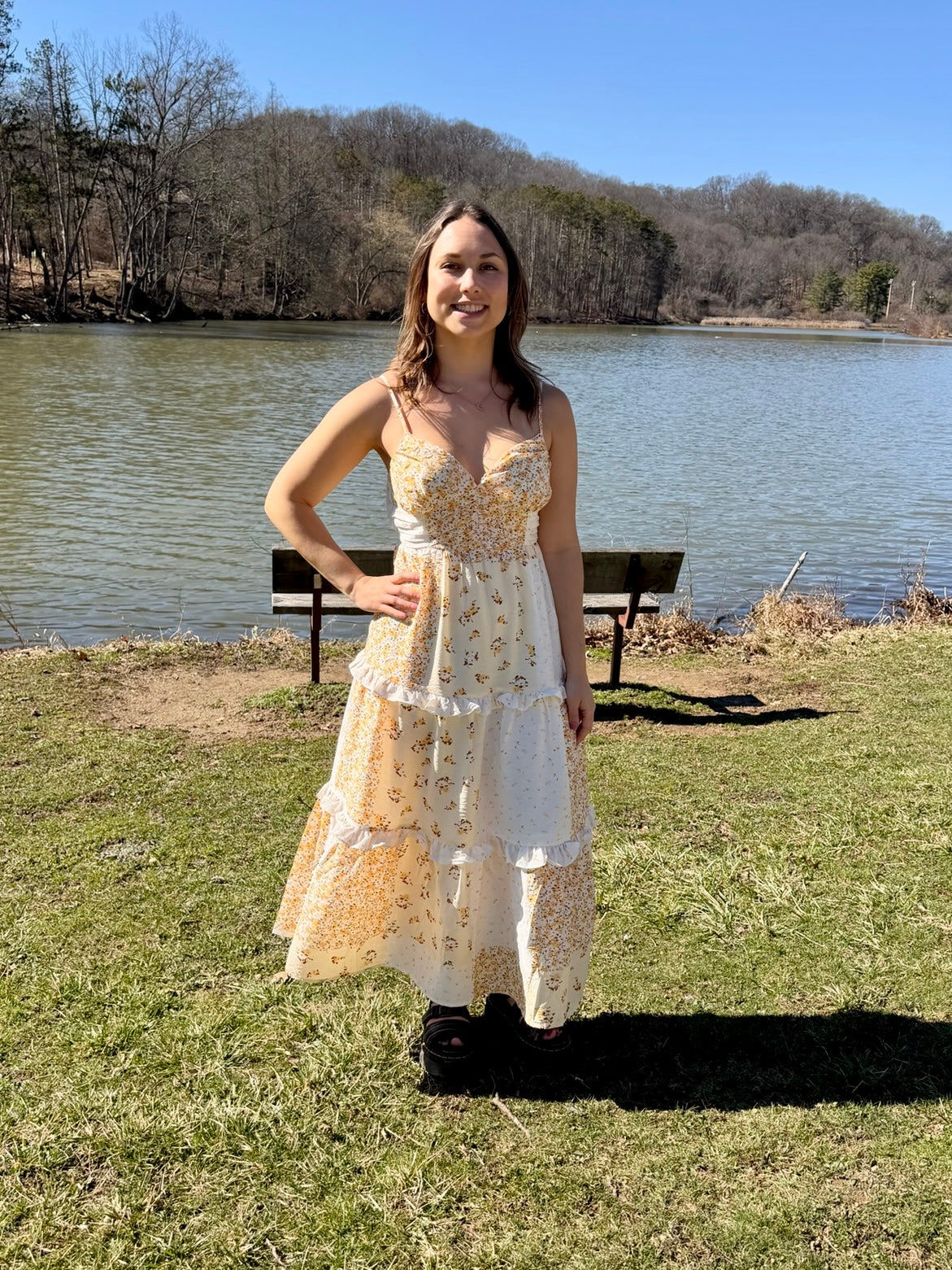 Golden Bloom Butter Yellow Patchwork Midi Dress (S-L)