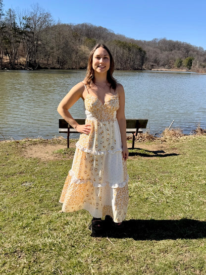 Golden Bloom Butter Yellow Patchwork Midi Dress (S-L)