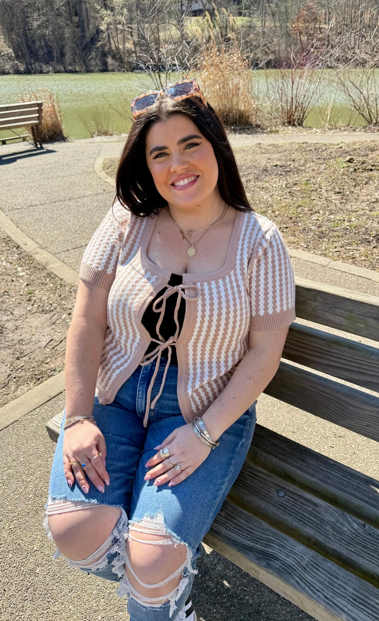 Warm Sand Stripe Tie Front Top (S-XL)