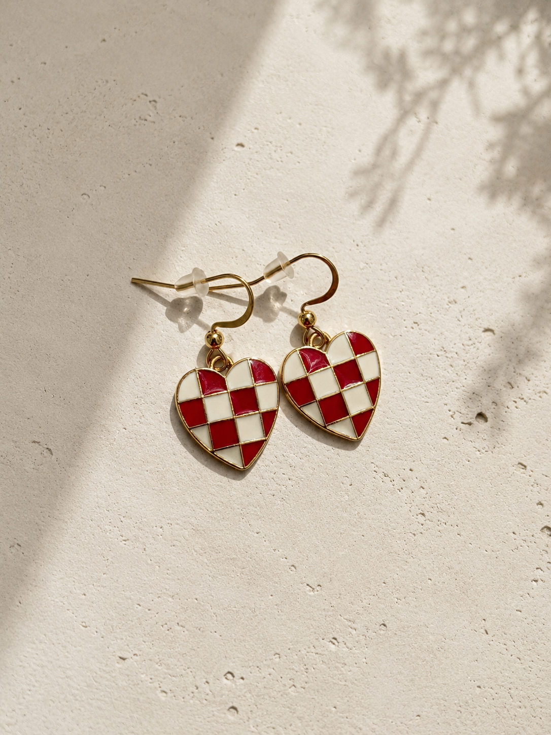 Red and White Checkered Heart Dangle Earrings
