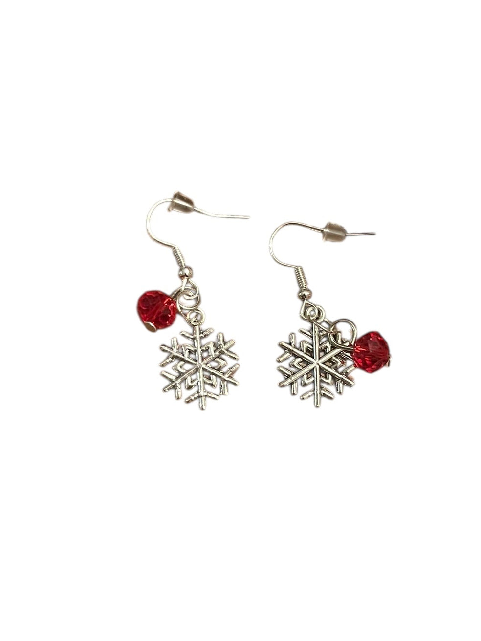 Silver & Red Snowflake Dangle Earrings