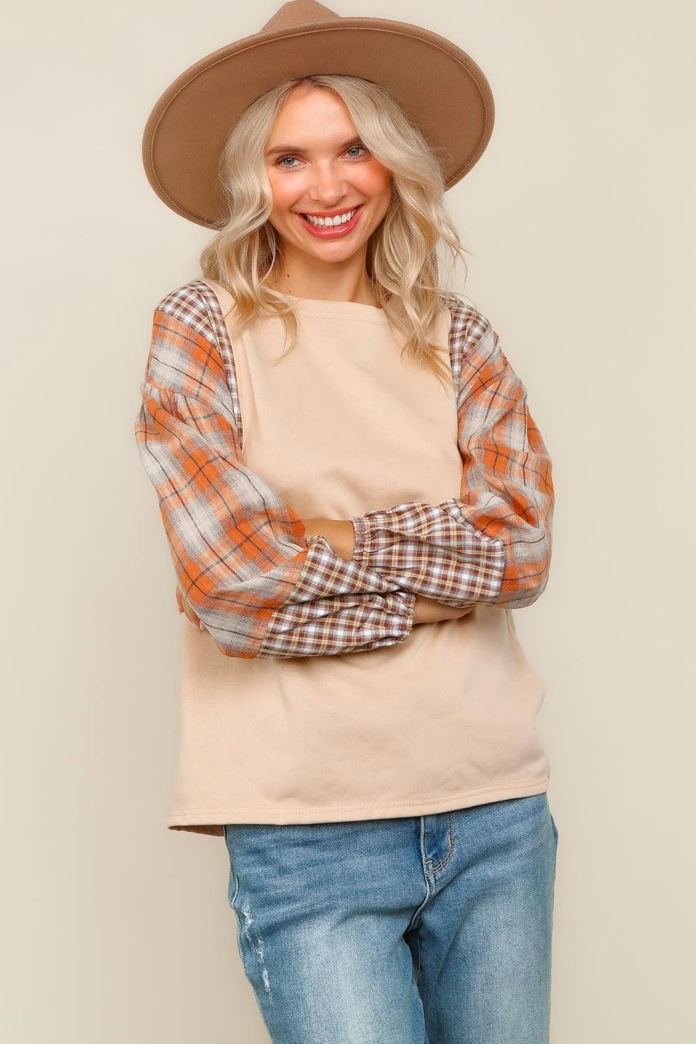 Plaid Sleeve Fall Top (S-3X)