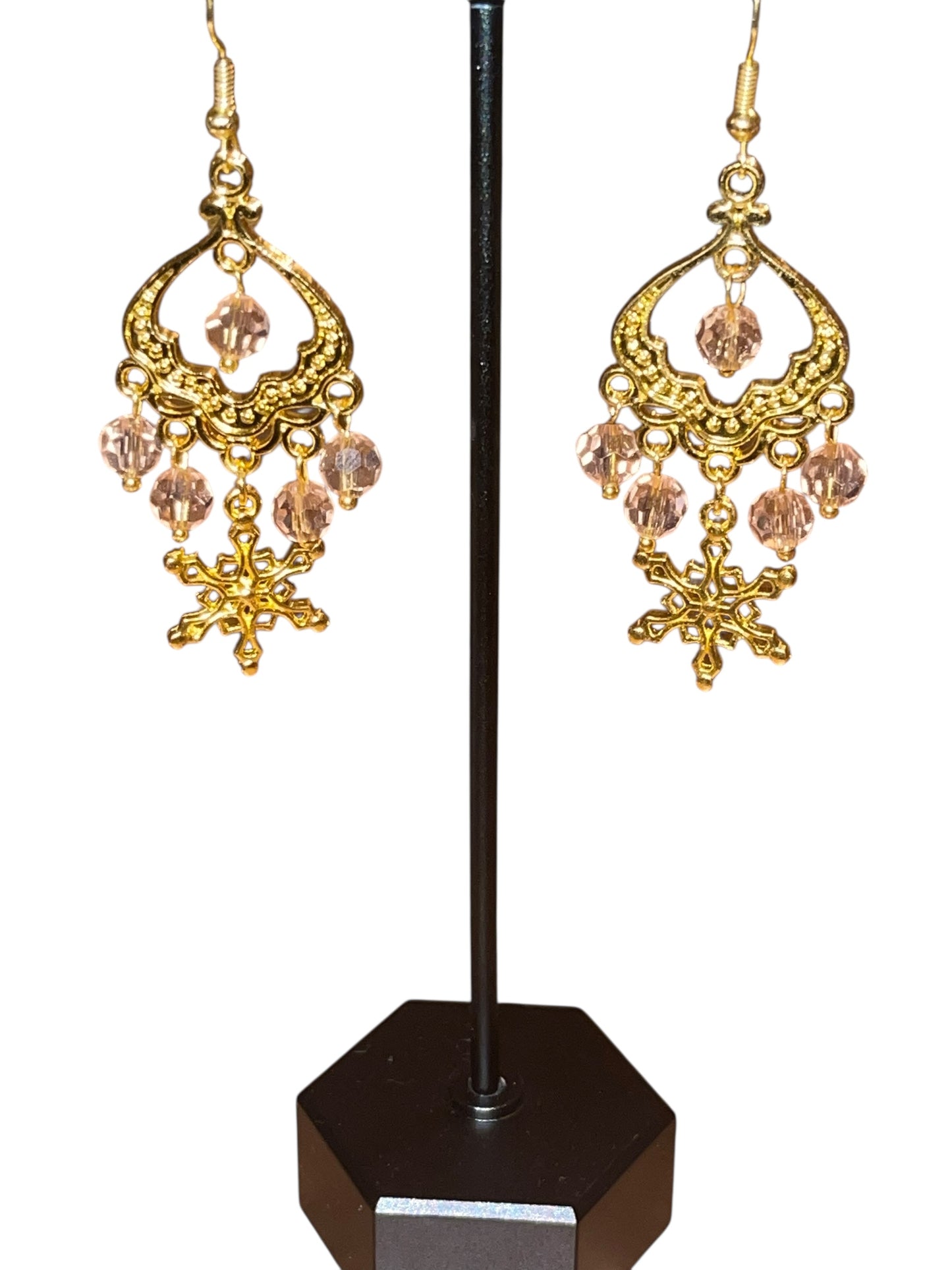 Elegant Pink and Gold Snowflake Earrings