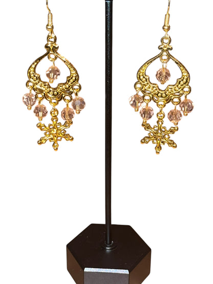 Elegant Pink and Gold Snowflake Earrings