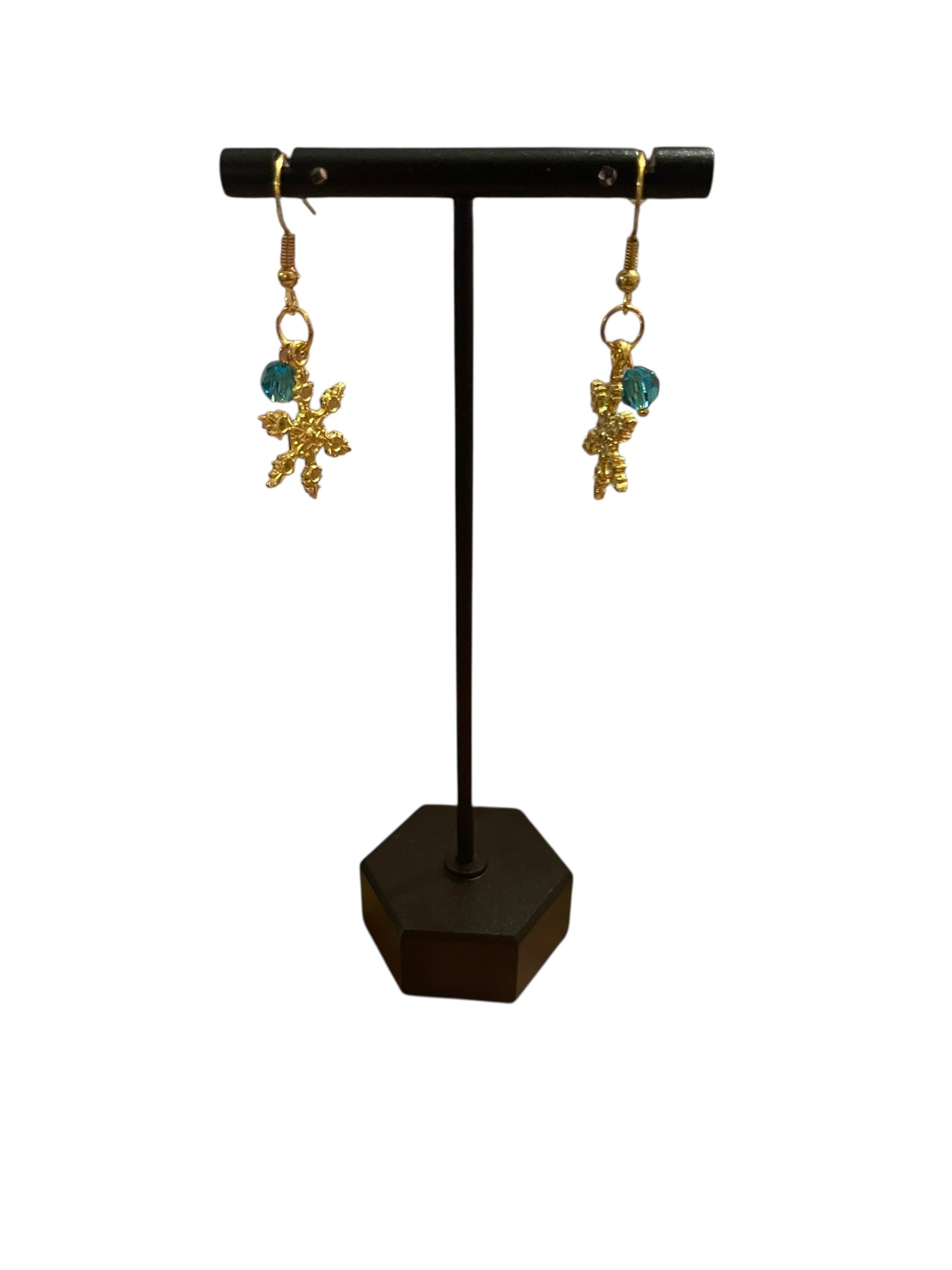 Gold & Teal Blue Snowflake Dangle Earrings