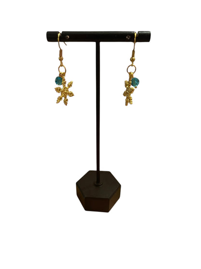 Gold & Teal Blue Snowflake Dangle Earrings