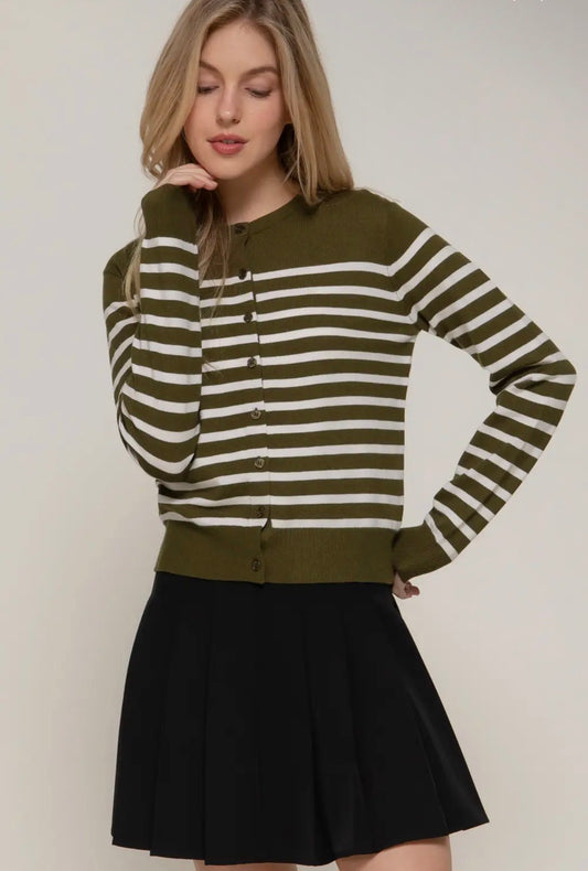 Sunday Stroll Olive Striped Cardigan (S-2X)
