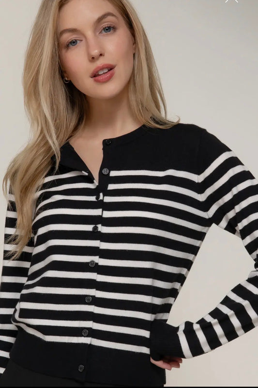 Main Street Black & White Striped Cardigan (S-2X)