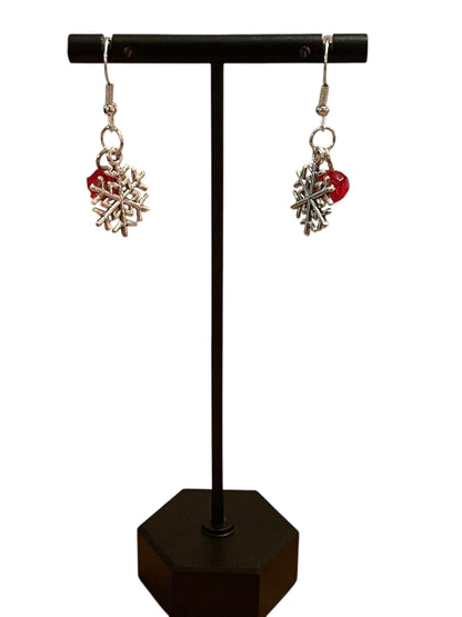 Silver & Red Snowflake Dangle Earrings