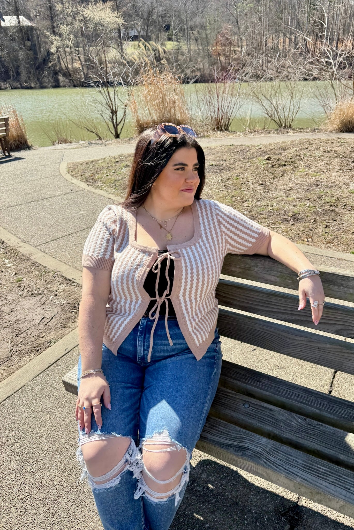 Warm Sand Stripe Tie Front Top (S-XL)