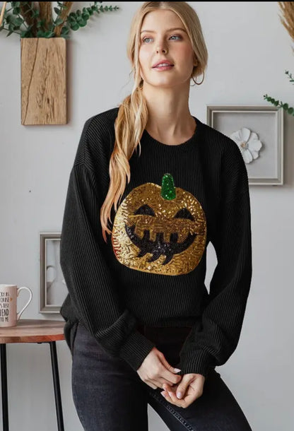 Black and Gold Pumpkin Sequin Shirt (S-3X)