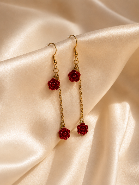 Romantic Red Rose Dangle Earrings