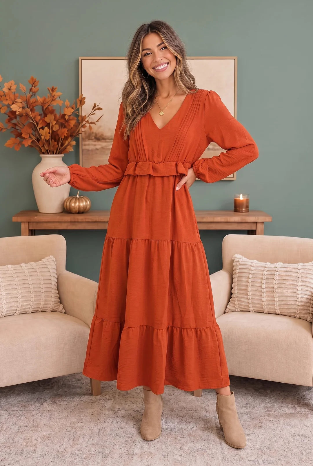 Autumn Muse Rust Midi Dress (S-3X)