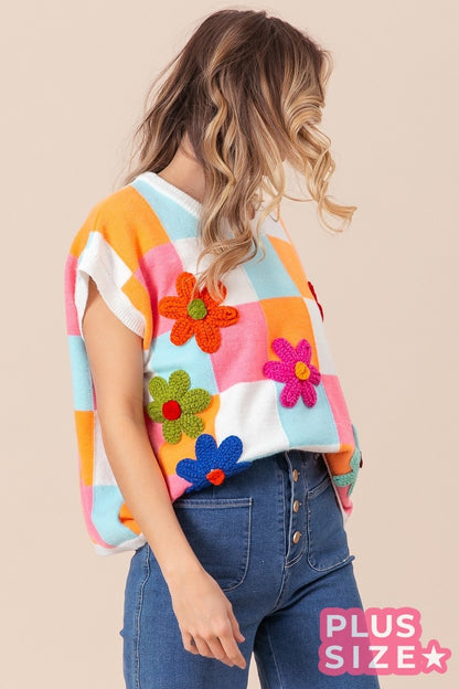 Daisy Patch Colorblock Knit Top (1X-3X)