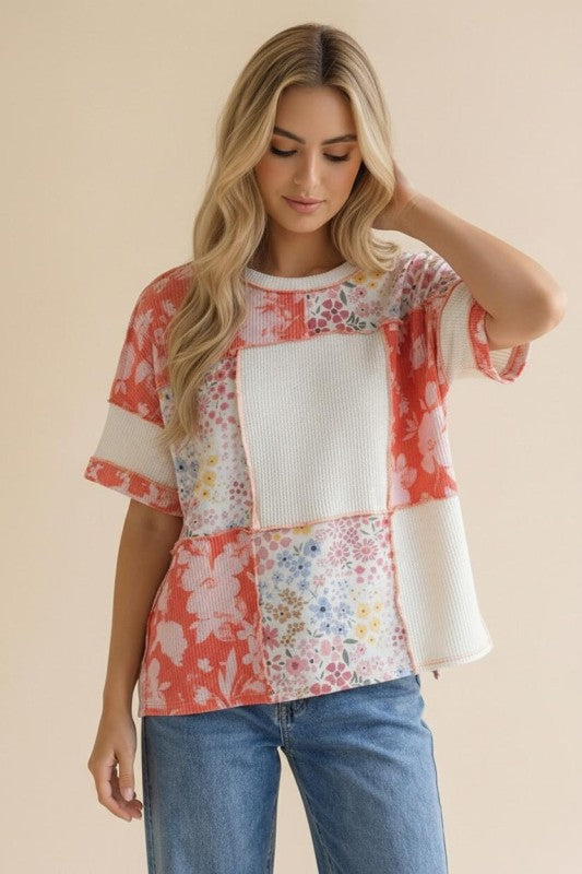 Coral Wildflower Patchwork Top (S-3X)