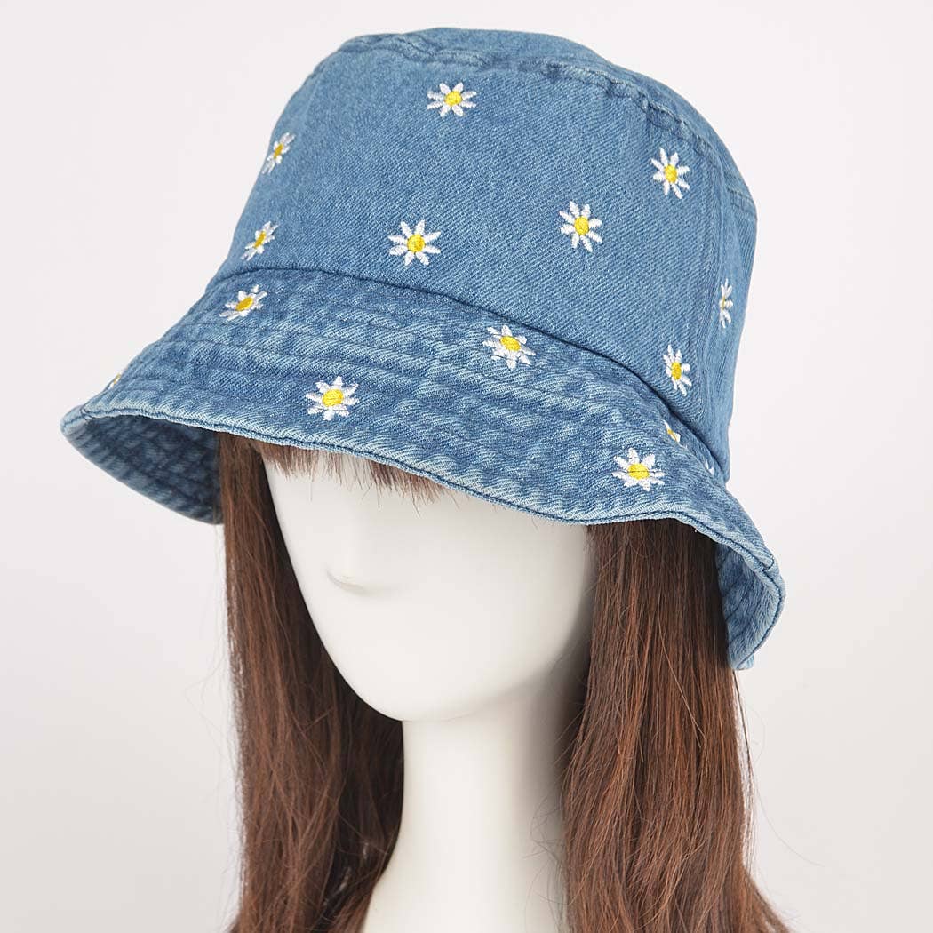 Dark Denim Flower Embloidery Bucket Hat: MBL