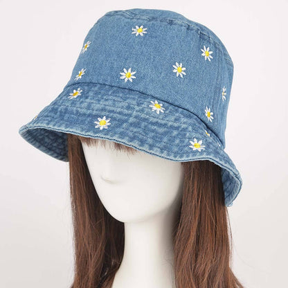 Dark Denim Flower Embloidery Bucket Hat: MBL