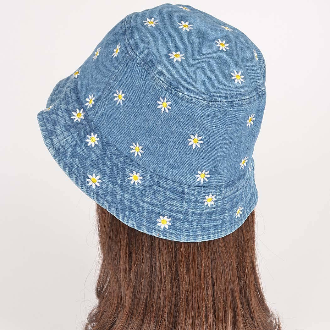 Dark Denim Flower Embloidery Bucket Hat: MBL