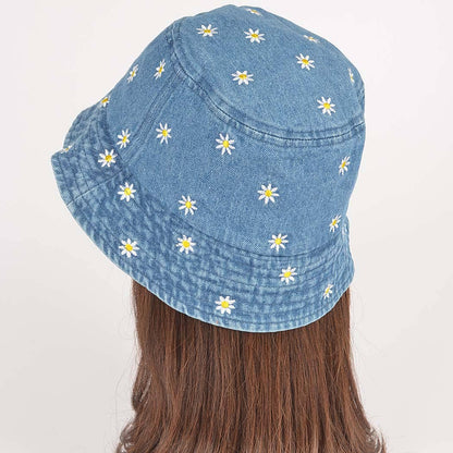 Dark Denim Flower Embloidery Bucket Hat: MBL