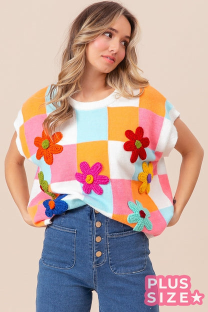 Daisy Patch Colorblock Knit Top (1X-3X)
