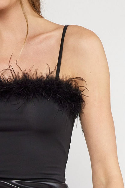 Midnight Muse Black Feather Trim Bodysuit S-L