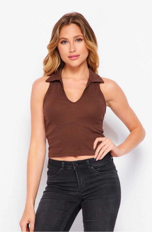 Mocha Muse Collared Crop Top (S-L)