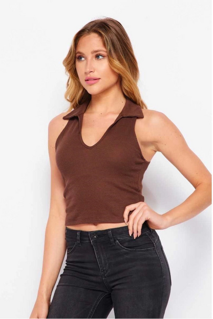 Mocha Muse Collared Crop Top (S-L)