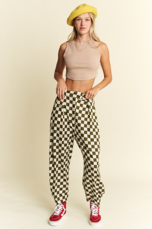 Olive You Checkered Barrel Pants (S-3X)