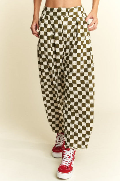 Olive You Checkered Barrel Pants (S-3X)