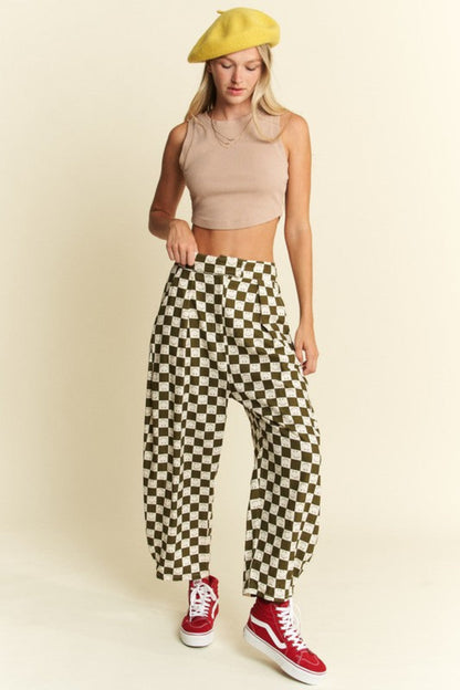 Olive You Checkered Barrel Pants (S-3X)