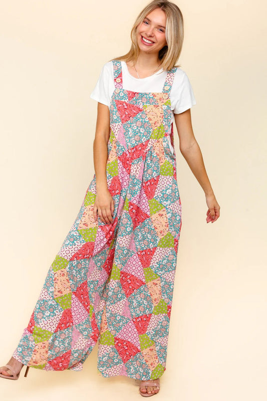 Retro Patchwork Wide Leg Overalls (S-L)