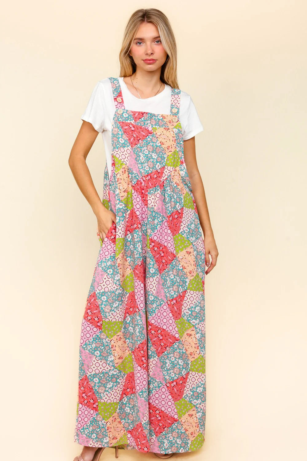 Retro Patchwork Wide Leg Overalls (S-L)