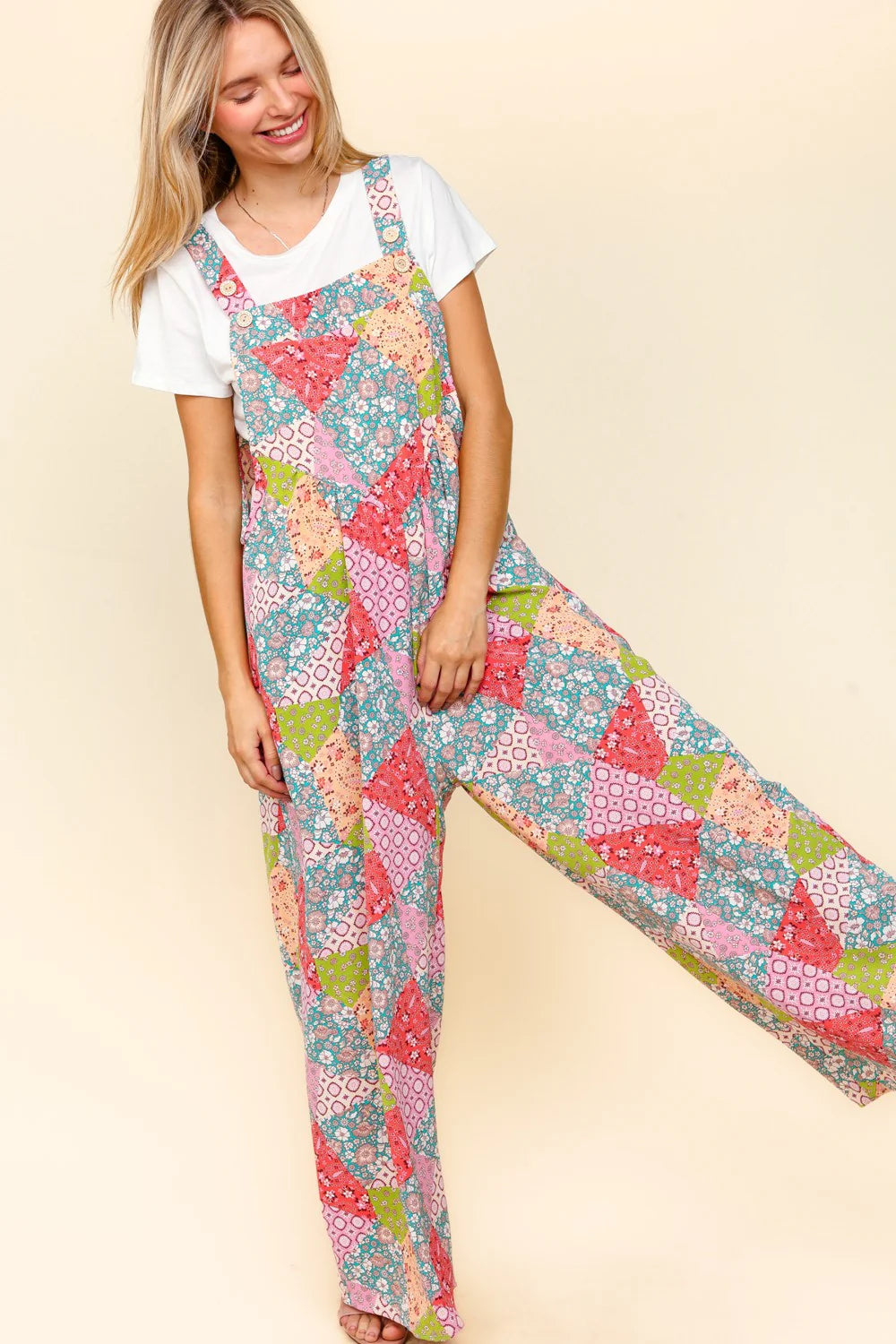 Retro Patchwork Wide Leg Overalls (S-L)