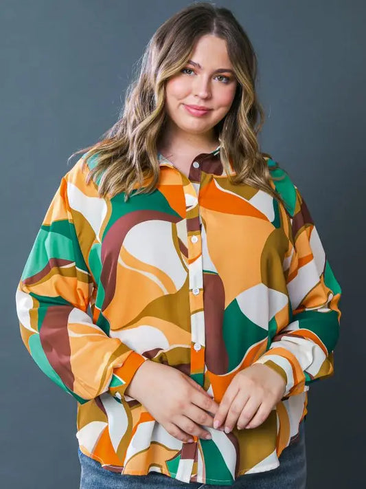 Abstract Autumn Button Down Top (1X-3X)