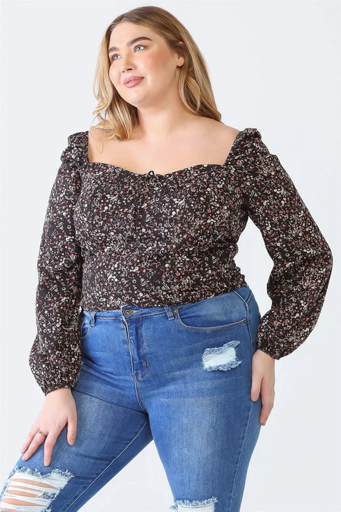 Dark Ditsy Floral Square Neck Top (1X-3X)