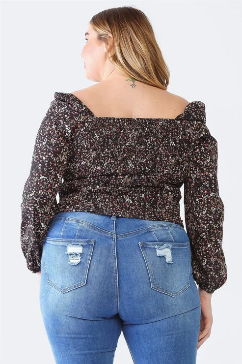 Dark Ditsy Floral Square Neck Top (1X-3X)
