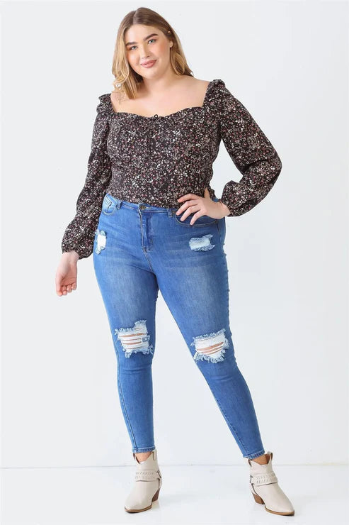 Dark Ditsy Floral Square Neck Top (1X-3X)