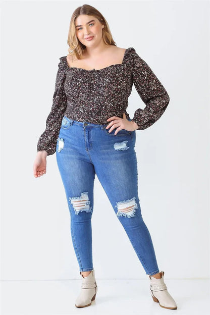 Dark Ditsy Floral Square Neck Top (1X-3X)