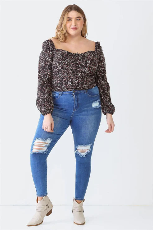 Dark Ditsy Floral Square Neck Top (1X-3X)
